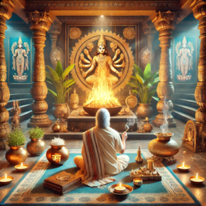 Ayushya Homam setup with priest chanting near havan kund