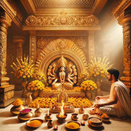 Priest performing Baglamukhi Pooja with yellow offerings and sacred fire