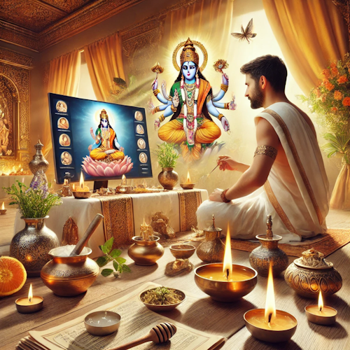 Bhaishajya Pooja setup with priest offering Ayurvedic healing rituals
