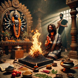 Priest performing Bhoot Pret Nivaran Pooja with sacred offerings and fire