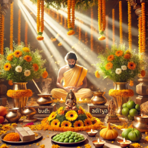 Priest performing Budh Aditya Yog Pooja with Mercury and Sun offerings