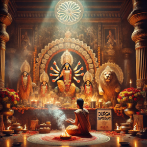 Priest performing Chandi Path with sacred texts and Durga altar