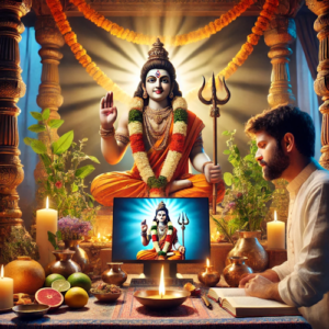 Dhanvantri Pooja setup with priest and Ayurvedic offerings