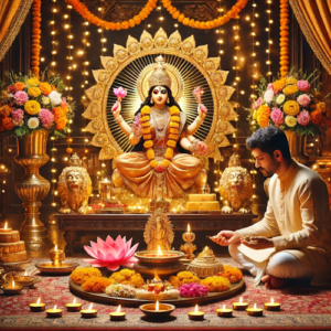 Priest performing Diwali Lakshmi Pooja with festive altar and sacred items