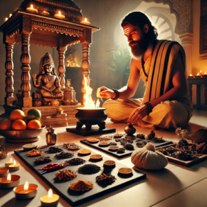 Priest performing Drishti Nivaran Pooja with sacred fire and protective items