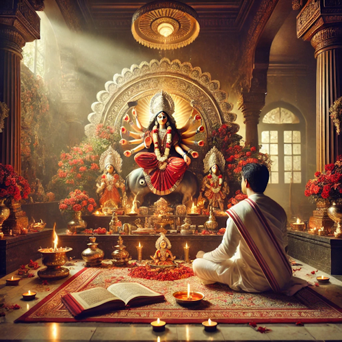 Priest performing Durga Kavach Path in front of a Durga idol with sacred offerings