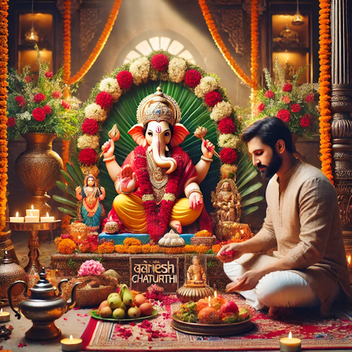 Priest performing Ganesh Chaturthi Pooja with decorated Ganesha idol and offerings