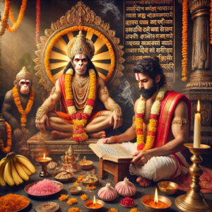 Priest reciting Hanuman Chalisa in front of Lord Hanuman's idol