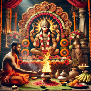 Hindu priest performing Hanuman Havan with sacred fire and offerings