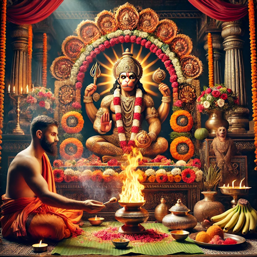 Hindu priest performing Hanuman Havan with sacred fire and offerings