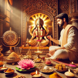 Hindu priest performing Kanakdhara Pooja with offerings to Goddess Lakshmi