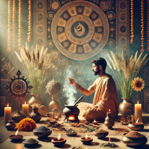Priest performing Ketu Graha Jaap with sacred offerings and fire ritual