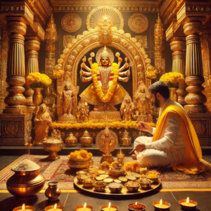 Hindu priest performing Kuber Pooja with gold coins and sacred offerings