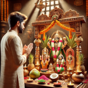 Kuldevta Pooja setup with priest offering prayers to family deity