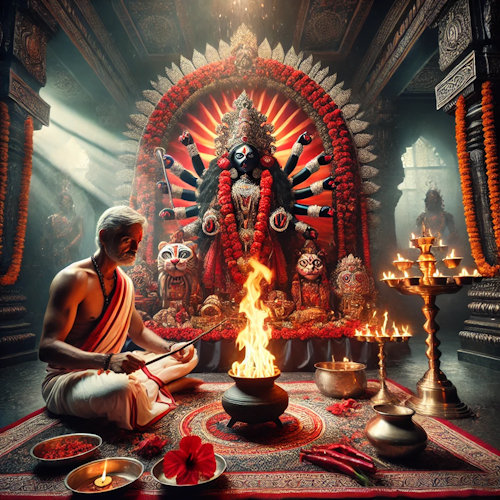 Hindu priest performing Maha Kali Pooja with fierce goddess idol and offerings
