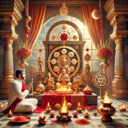 Priest performing Mangal Dosh Nivaran Pooja with sacred fire and red offerings