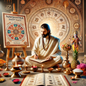 Priest performing Nakshatra Shanti Pooja with astrological setup