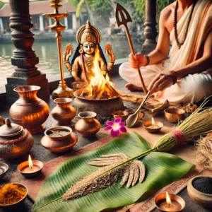 Hindu priest performing Narayan Bali Pooja with symbolic pind and sacred items