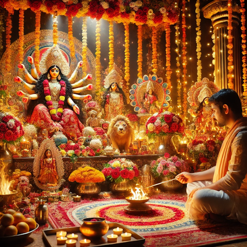 Priest performing Navratri Durga Pooja with decorated altar and fire ritual