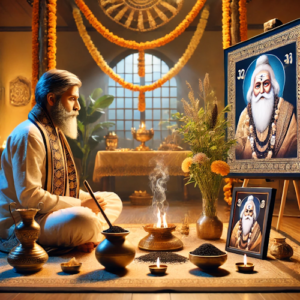 Pitru Dosha Nivaran Pooja setup with priest and ancestral offerings