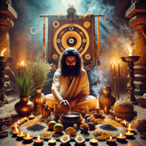 Priest performing Rahu-Ketu Shanti Pooja with symbolic offerings and sacred fire