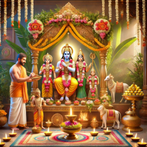 Priest performing Ram Navami Pooja with sacred offerings and Ram Parivar idols