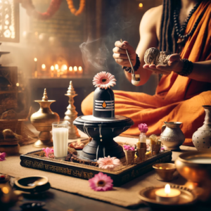 Rudrabhishek Pooja with decorated Shiva Lingam and Abhishek rituals