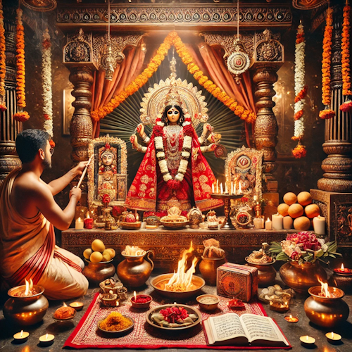 Priest performing Rukmini Swayamvara Pooja with sacred fire and divine offerings