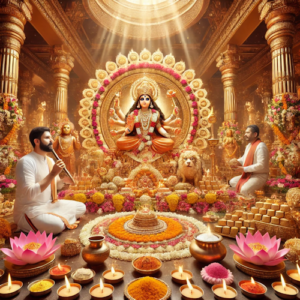 Priest performing Sampoorna Mahalaxmi Pooja with sacred offerings and Lakshmi idol