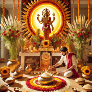 Hindu priest performing Surya Pooja with traditional offerings for Makar Sankranti