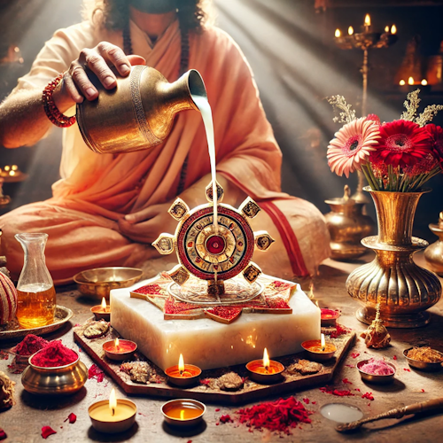Hindu priest performing Shree Yantra Abhishek with sacred substances and mantras