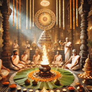 Sudarshana Homam setup with sacred fire, yantra, and priest chanting