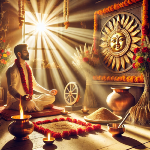 Priest performing Surya Graha Jaap with offerings and sunlight