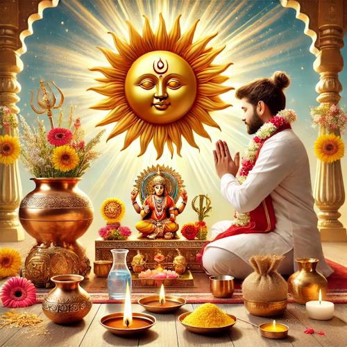 Surya Namaskar Pooja setup with offerings to Sun God and priest chanting