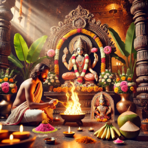 Priest performing Swayamvara Parvathi Homam with fire and divine offerings