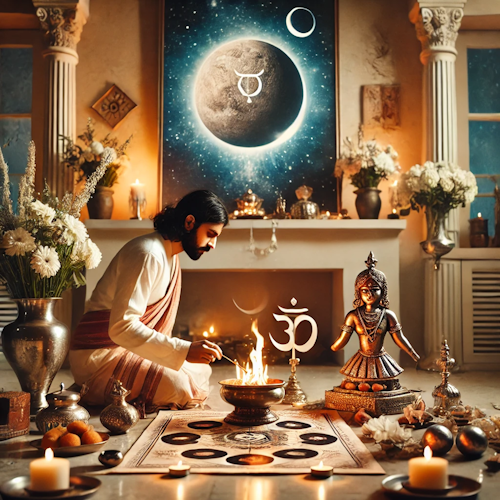 Priest performing Shukra Graha Pooja with white flowers and Venus symbols